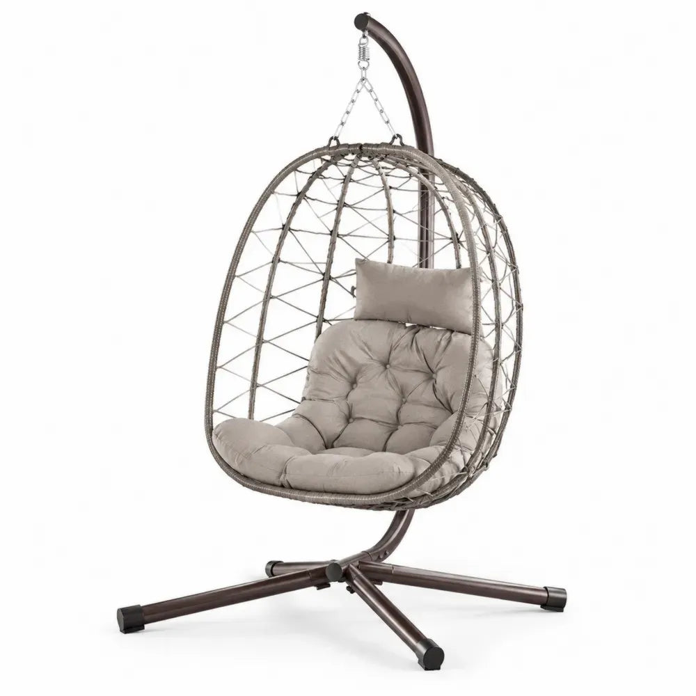 Hängesessel mit Gestell 95 x 95 x 196 cm PE Rattan Stahl oval Grau Braun Beige