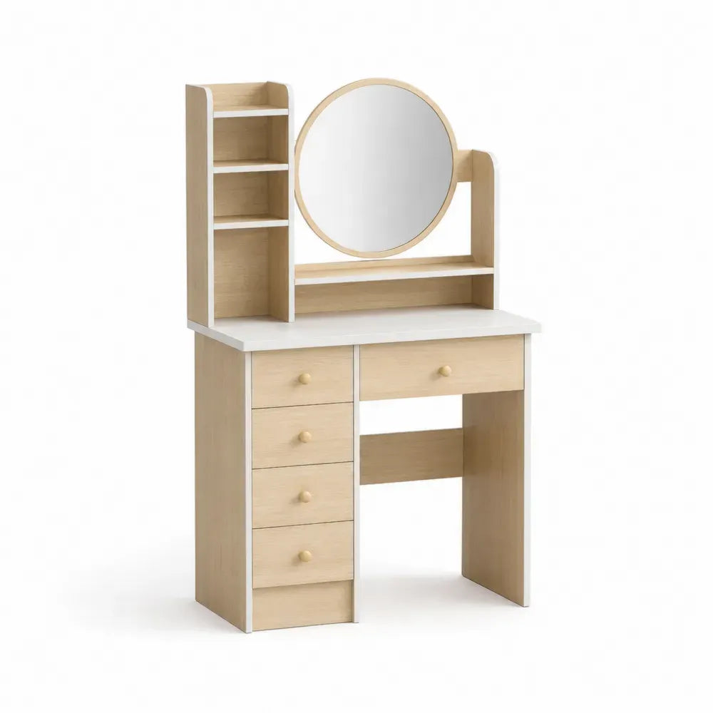 Schminktisch mit rundem Spiegel Regal und 5 Schubladen Spanplatte MDF Eiche hell Weiß 80 x 40 x 140 cm