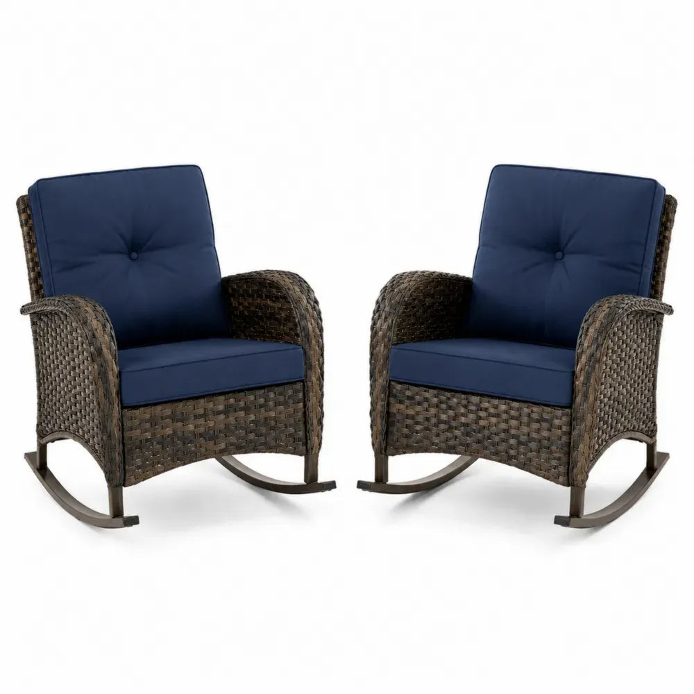 Garten Schaukelstühle 2er Set mit Kissen und gebogenen Kufen 70 x 86 x 95 cm PE Rattan Stahl Braun Dunkelblau