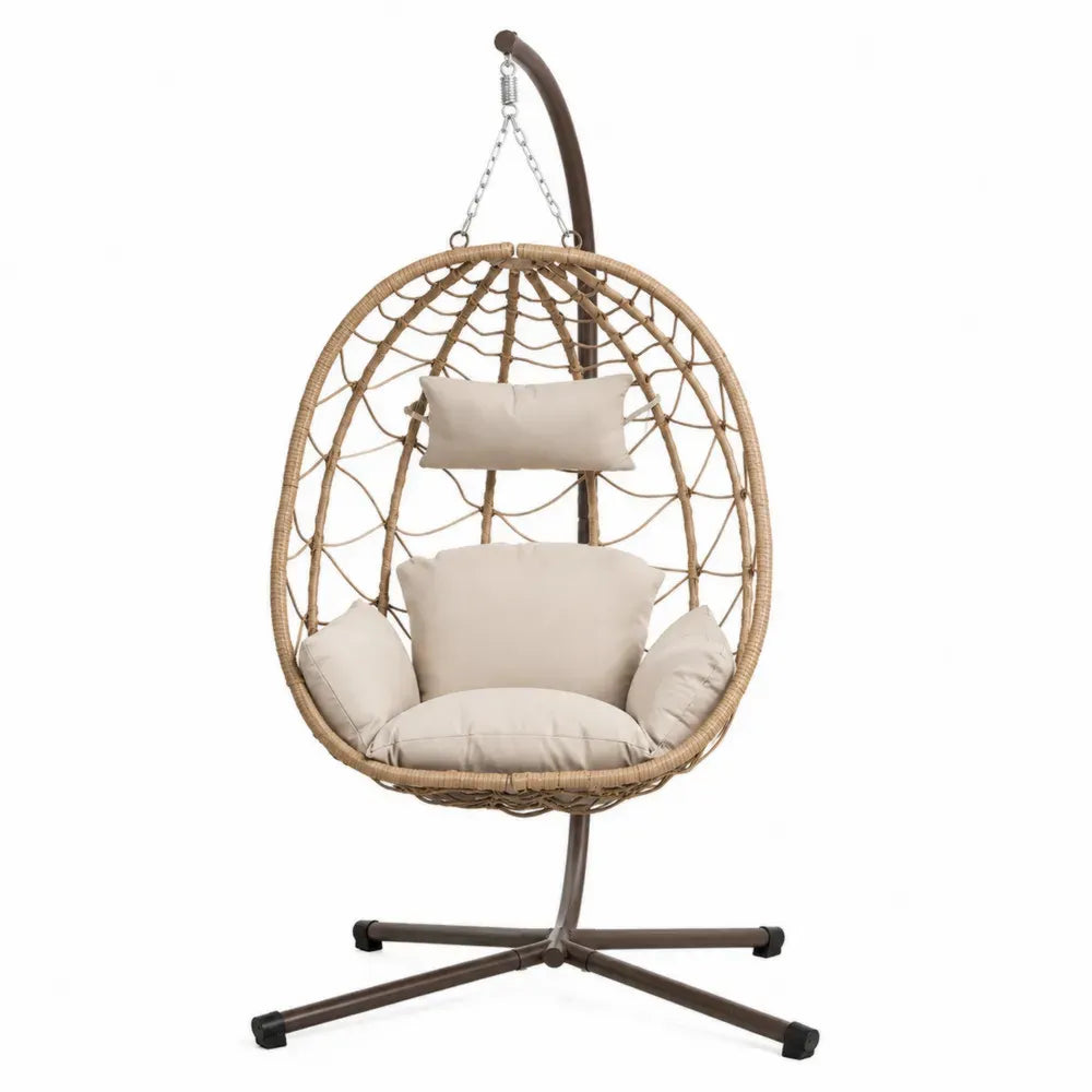Hängesessel mit Gestell 105 x 105 x 198 cm PE Rattan oval Stahl Polyesterkissen Naturbeige Beige Braun