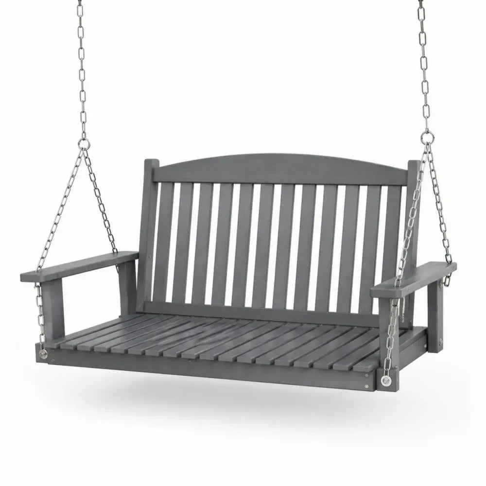 Hängeschaukelbank rechteckig 120 x 62 x 60 cm Tannenholz grau mit Stahlketten und Armlehnen