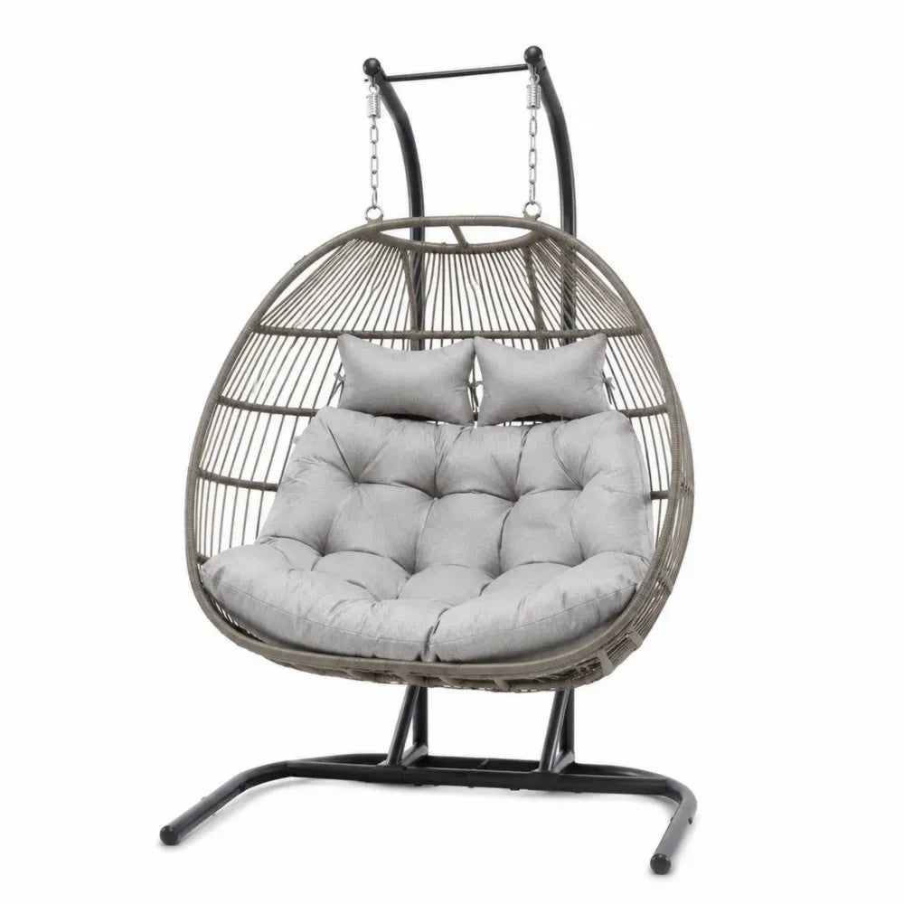 Hängesessel für 2 Personen mit Gestell oval aus PE Rattan und Stahl grau schwarz hellgrau 132 x 110 x 200 cm
