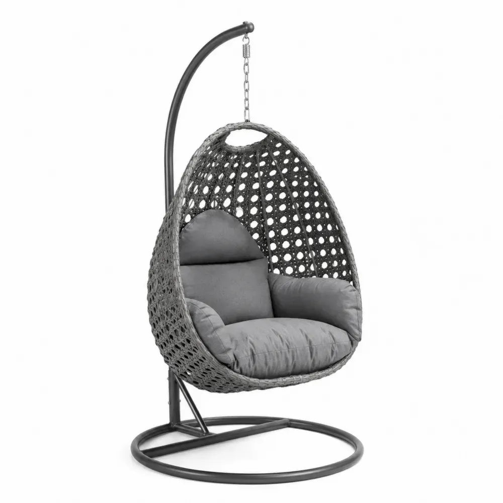 Hängesessel mit Gestell und Kissen PE Rattan Stahl eiförmig Grau Anthrazit 105 x 95 x 195 cm