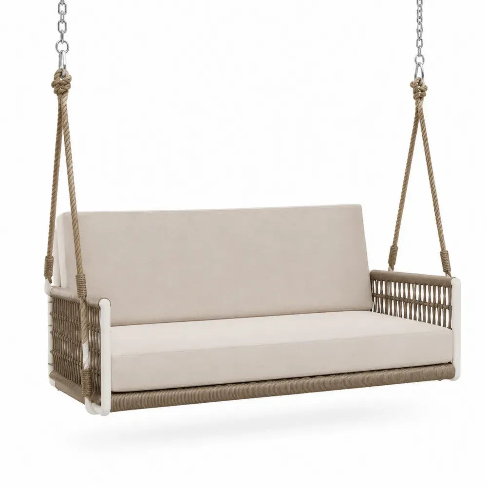 Hängeschaukel Gartenbank rechteckig 150 x 70 x 58 cm Stahl PP-Seil Polyester Beige Taupe Weiß