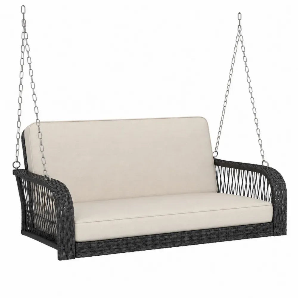 Hängeschaukel Bank 140 x 72 x 65 cm PE Rattan Stahl Polyesterkissen rechteckig Schwarz Beige Silberfarben