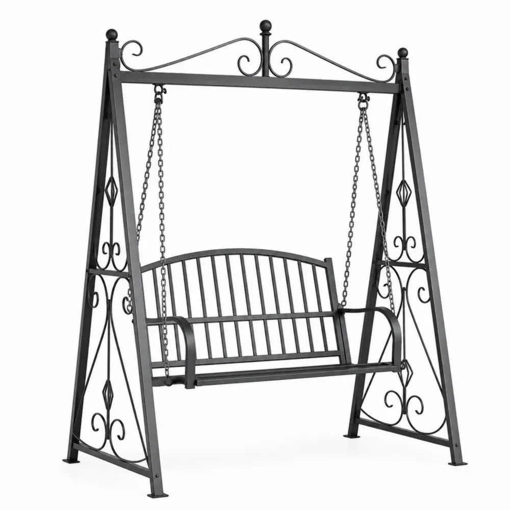 Hollywoodschaukel 2-Sitzer A-Rahmen Kettenaufhängung aus pulverbeschichtetem Stahl Schwarz 160 x 115 x 170 cm