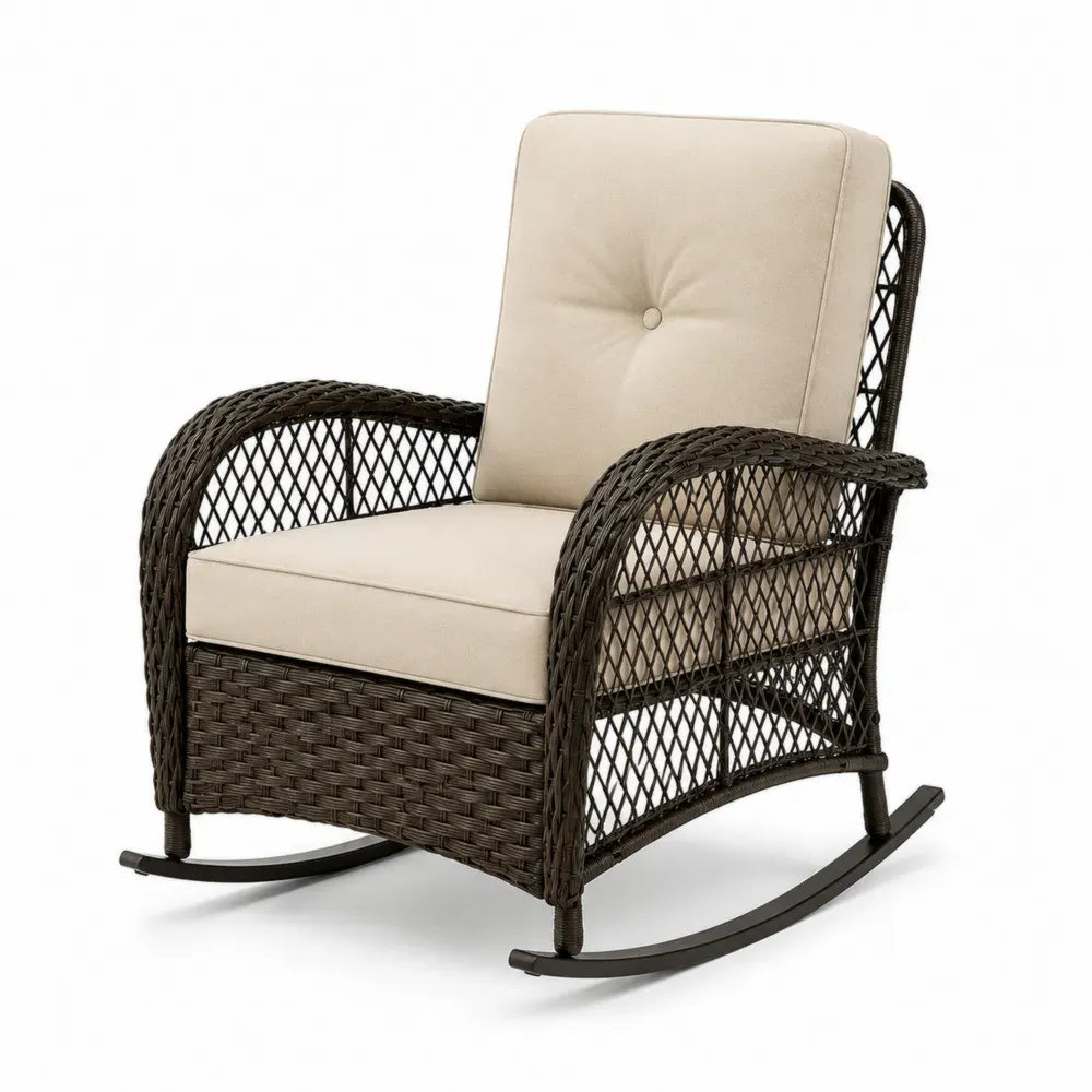 Schaukelstuhl Loungesessel mit Armlehnen aus PE-Rattan und Stahl mit Polyesterkissen rechteckig braun beige schwarz 72 x 88 x 98 cm