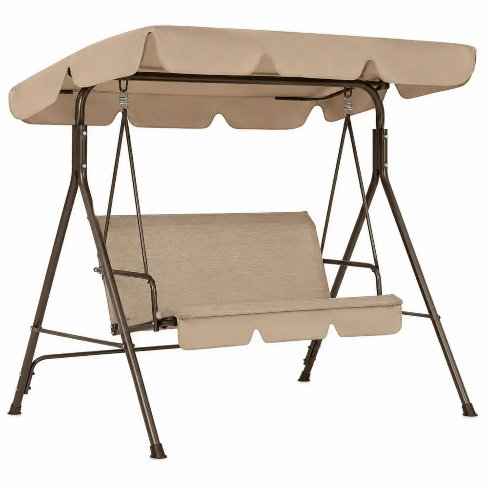 Hollywoodschaukel 3-Sitzer rechteckig mit Sonnendach 190 x 120 x 170 cm Polyestergewebe pulverbeschichteter Stahl Beige Braun