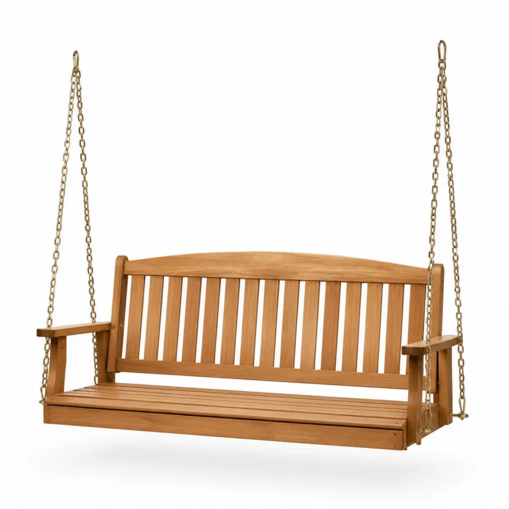 Hängeschaukel Bank 150 x 65 x 58 cm aus massivem Akazienholz rechteckig Naturbraun Goldfarben