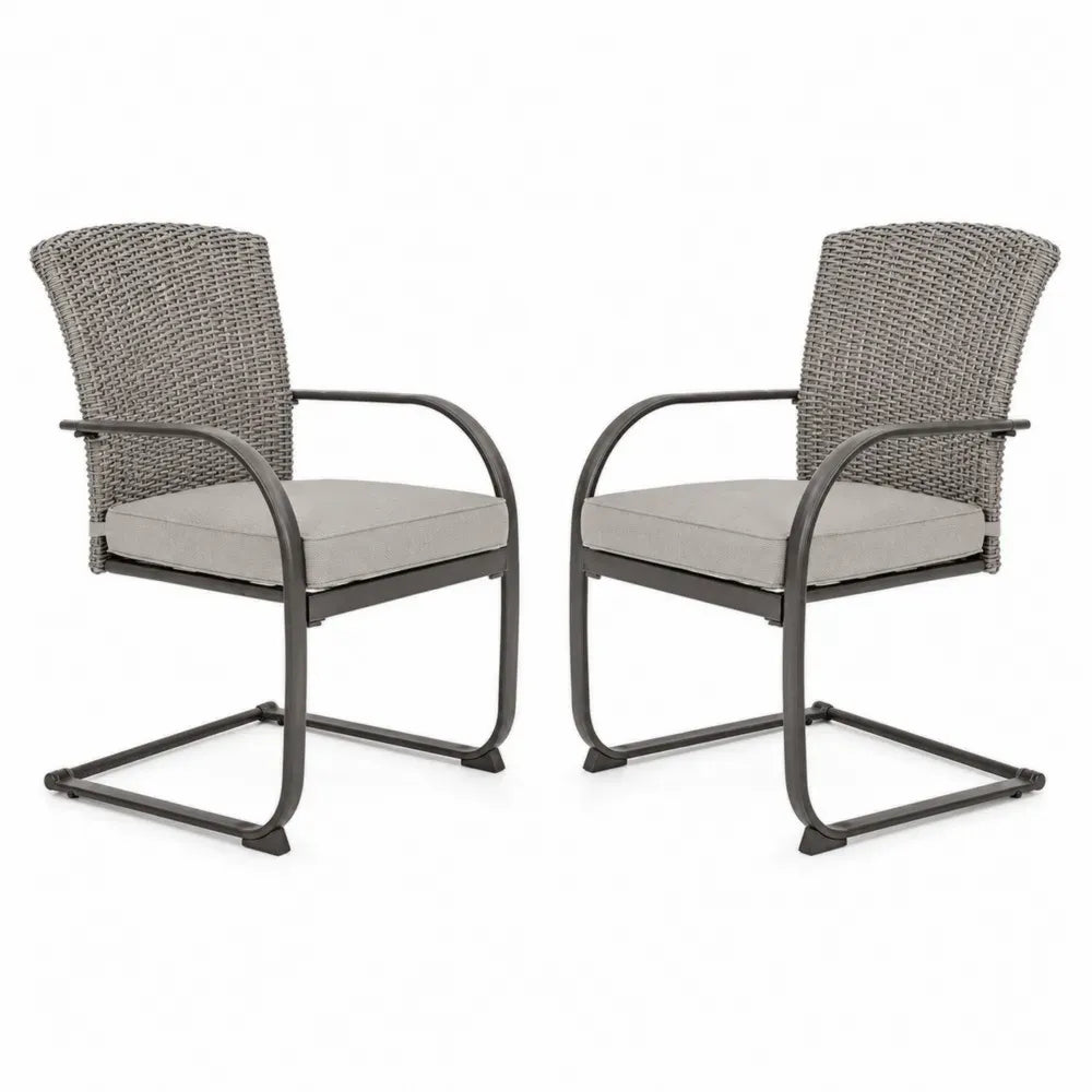 Gartenstühle Freischwinger 2er Set Grau Anthrazit PE-Rattan Stahl rechteckige Sitzfläche mit Polyesterkissen 57 x 64 x 89 cm