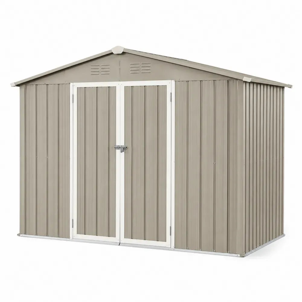 Gartenschuppen Gerätehaus aus verzinktem Stahlblech mit Doppeltür Satteldach rechteckig Beige-Grau Weiß 277 x 191 x 192 cm