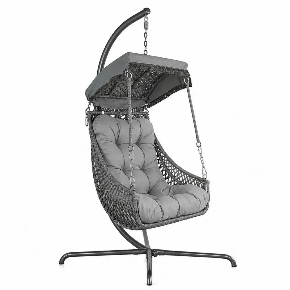 Hängesessel mit Gestell und Sonnendach 105 x 115 x 200 cm PE-Rattan Stahl oval Grau Schwarz