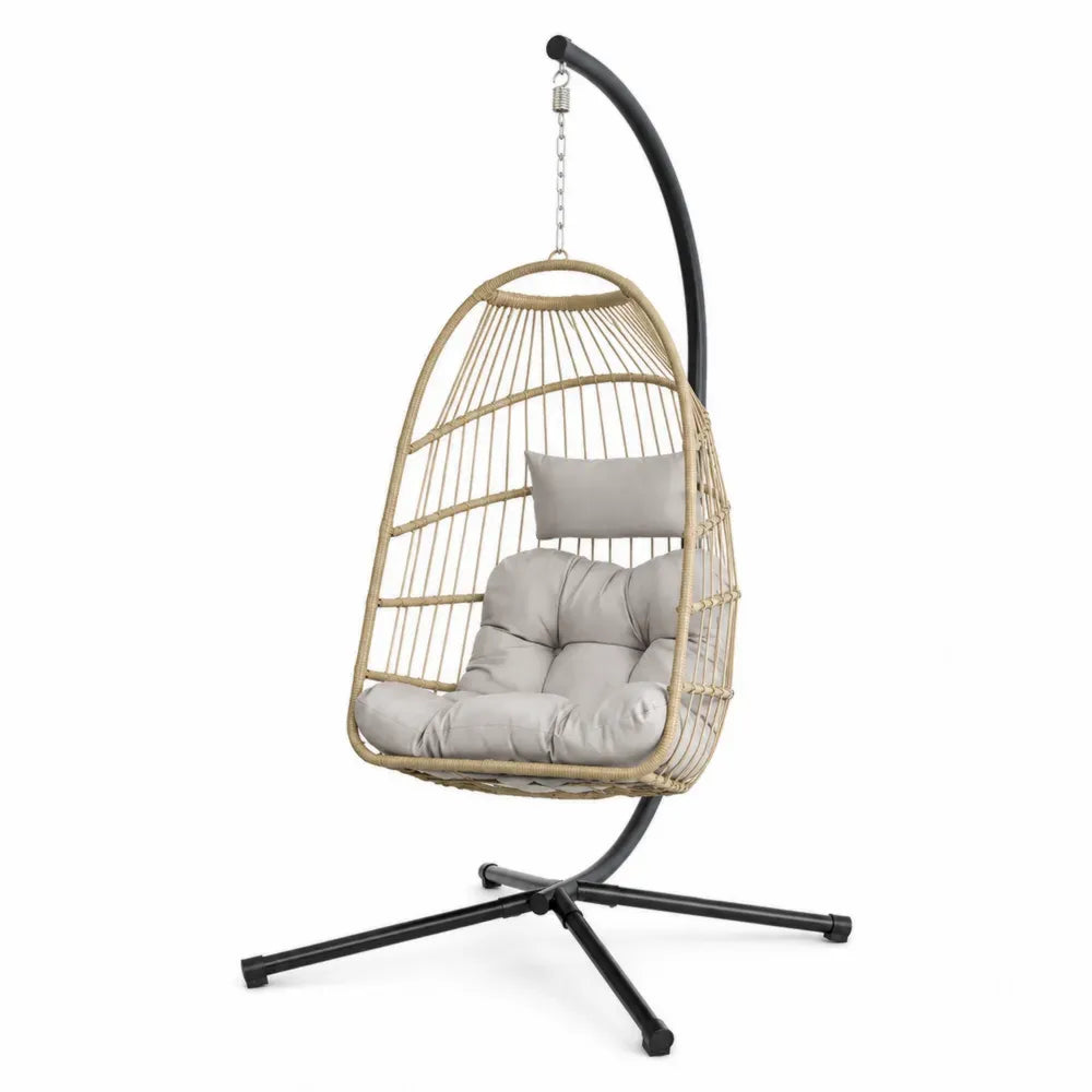 Hängesessel mit Gestell 105 x 95 x 195 cm PE-Rattan Polyesterkissen Stahl tropfenförmig Naturbeige Grau Schwarz