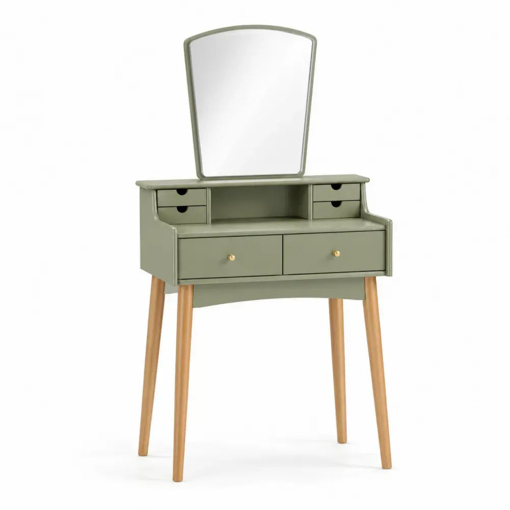 Schminktisch mit Spiegel und 6 Schubladen MDF Kautschukholz Salbeigrün Naturbraun 80 x 40 x 135 cm