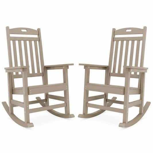 2er Set Schaukelstühle mit Armlehnen aus HDPE Kunststoff mit Lattenrücken in Taupe 68 x 88 x 106 cm