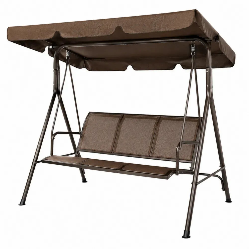 3-Sitzer Hollywoodschaukel mit rechteckigem Sonnendach Textilene Polyester pulverbeschichteter Stahl Braun Dunkelbraun Schwarz 170 x 110 x 153 cm