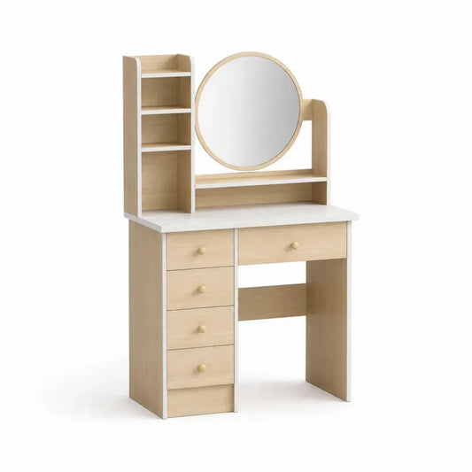 Schminktisch mit rundem Spiegel Regal und 5 Schubladen Spanplatte MDF Eiche hell Weiß 80 x 40 x 140 cm