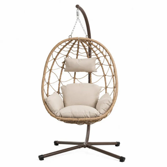 Hängesessel mit Gestell 105 x 105 x 198 cm PE Rattan oval Stahl Polyesterkissen Naturbeige Beige Braun
