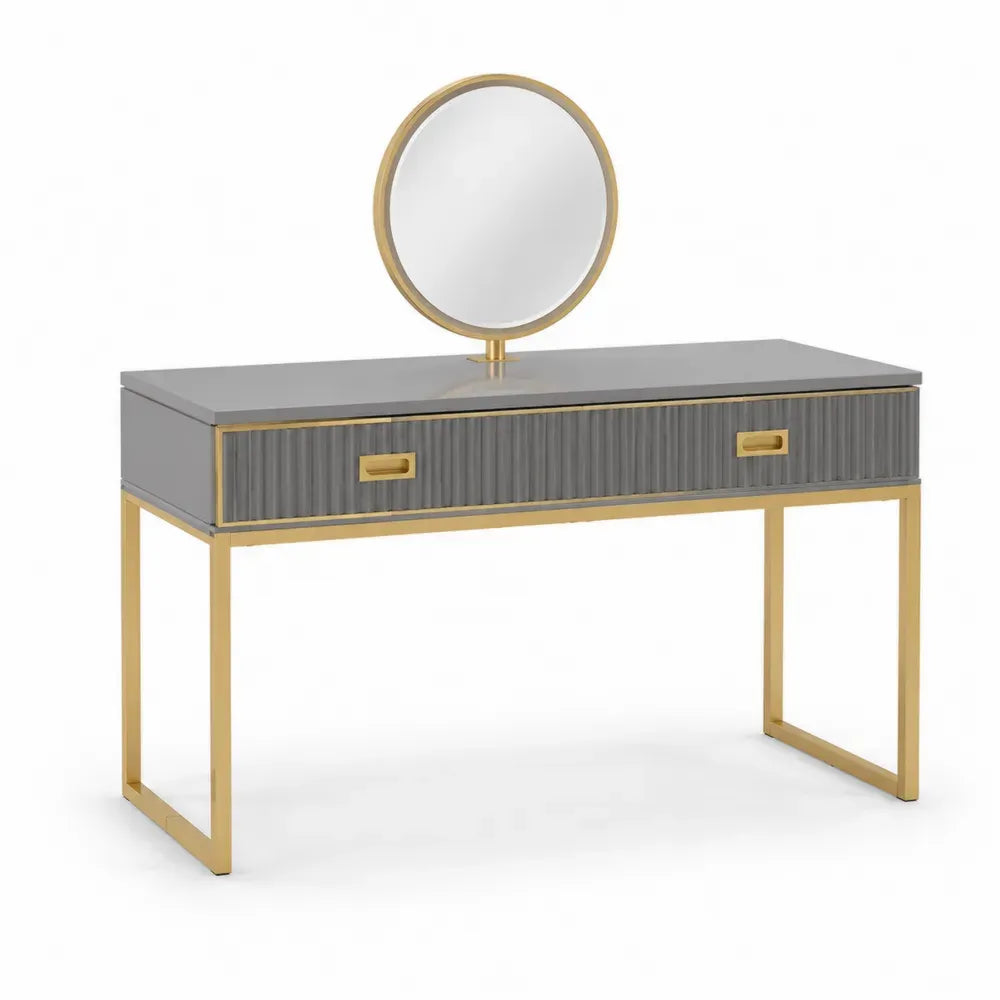 Schminktisch mit rundem Spiegel und 2 Schubladen 120 x 45 x 135 cm MDF Stahl Spiegelglas rechteckig grau goldfarben silberfarben schwarz