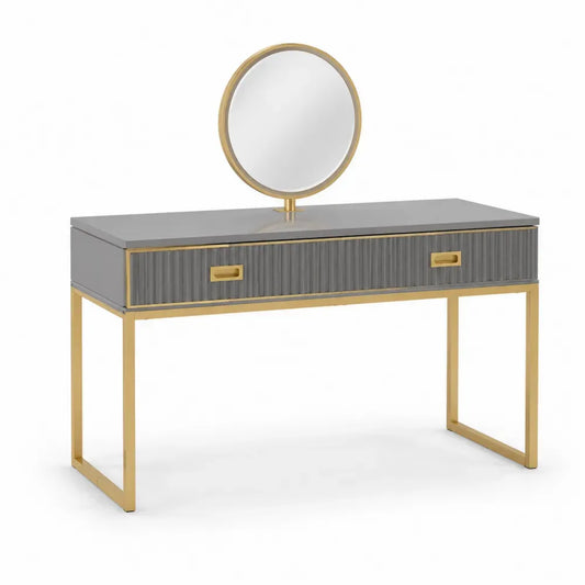 Schminktisch mit rundem Spiegel und 2 Schubladen 120 x 45 x 135 cm MDF Stahl Spiegelglas rechteckig grau goldfarben silberfarben schwarz
