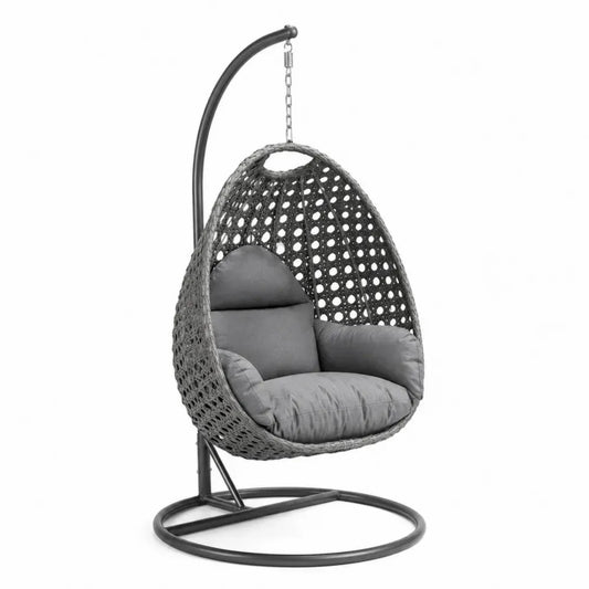 Hängesessel mit Gestell und Kissen PE Rattan Stahl eiförmig Grau Anthrazit 105 x 95 x 195 cm