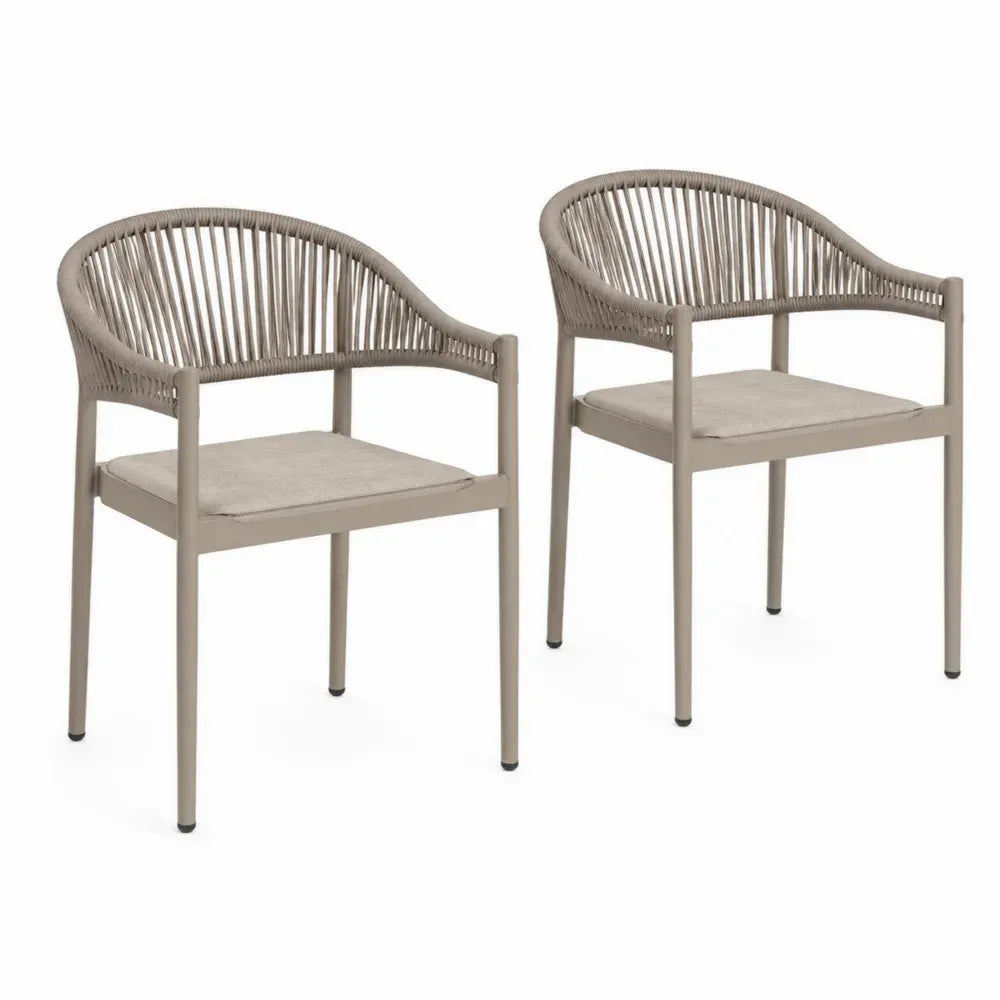 2er Set Gartenstühle mit Armlehnen halbrunder Polyesterseil Rückenlehne Aluminiumrahmen Taupe Beige 58 x 60 x 78 cm