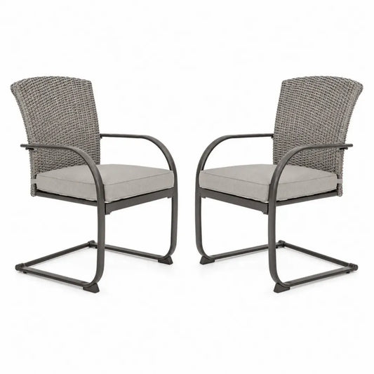 Gartenstühle Freischwinger 2er Set Grau Anthrazit PE-Rattan Stahl rechteckige Sitzfläche mit Polyesterkissen 57 x 64 x 89 cm