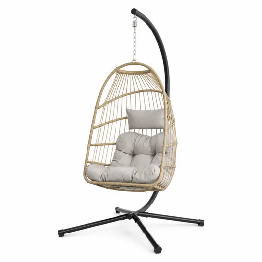 Hängesessel mit Gestell 105 x 95 x 195 cm PE-Rattan Polyesterkissen Stahl tropfenförmig Naturbeige Grau Schwarz