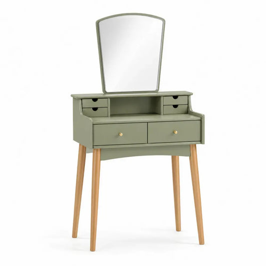 Schminktisch mit Spiegel und 6 Schubladen MDF Kautschukholz Salbeigrün Naturbraun 80 x 40 x 135 cm